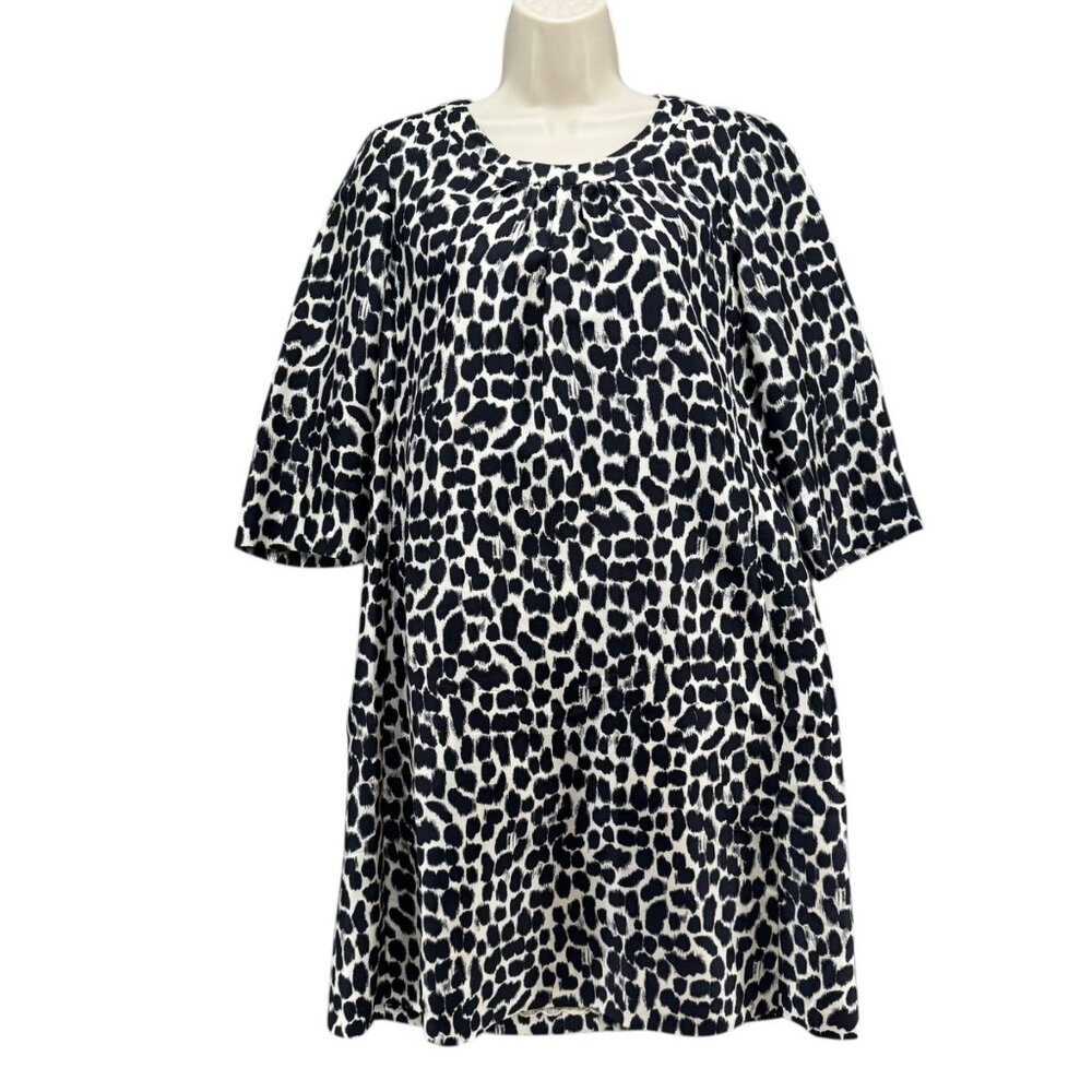 Kate Spade Silk Leopard Dress Black Crem 3/4 Sleeve Shirt Dress Size 8